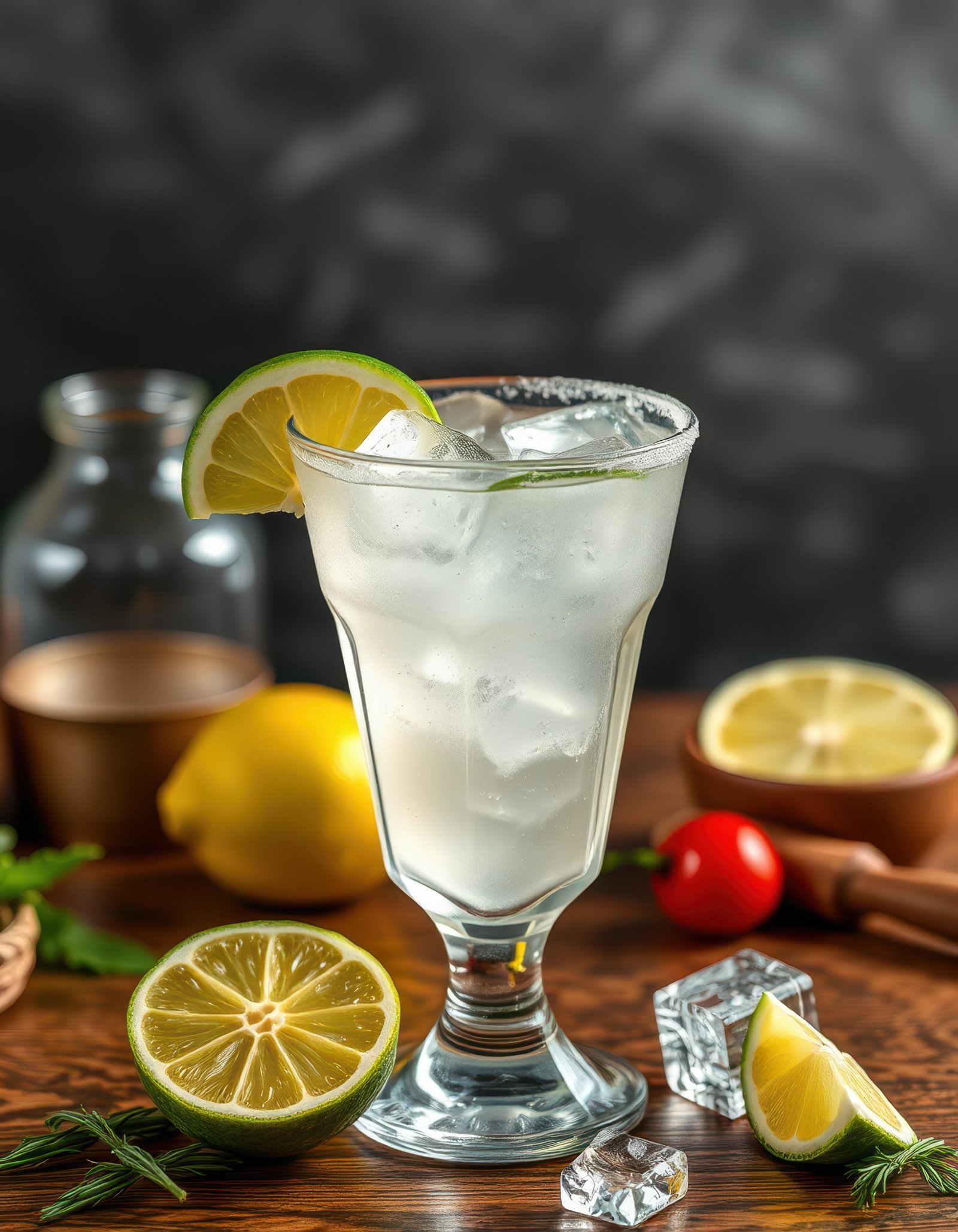 Refreshing citrus cocktail served on a wooden table with ice and garnishes in the background
